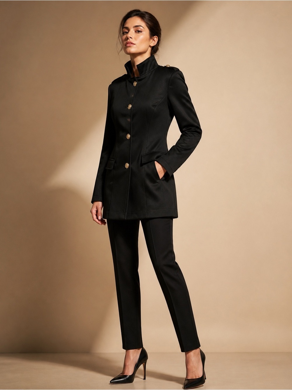Black Military-Style Longline Jacket with Gold Crest Buttons  NWOT
